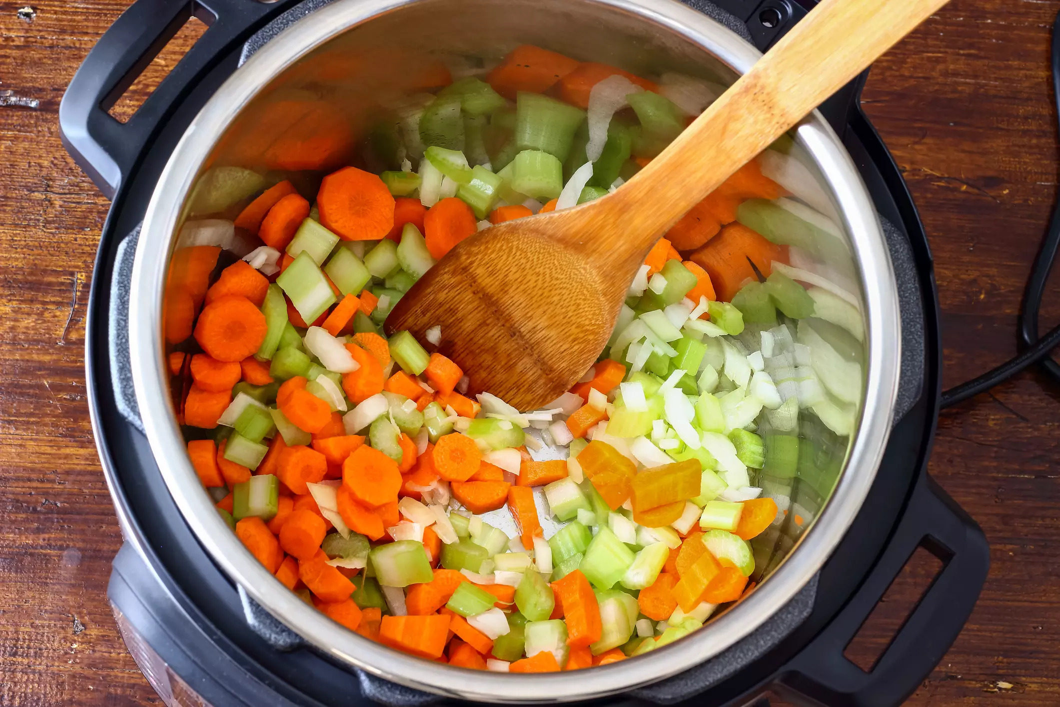 overhead of an InstantPot filled with veggies