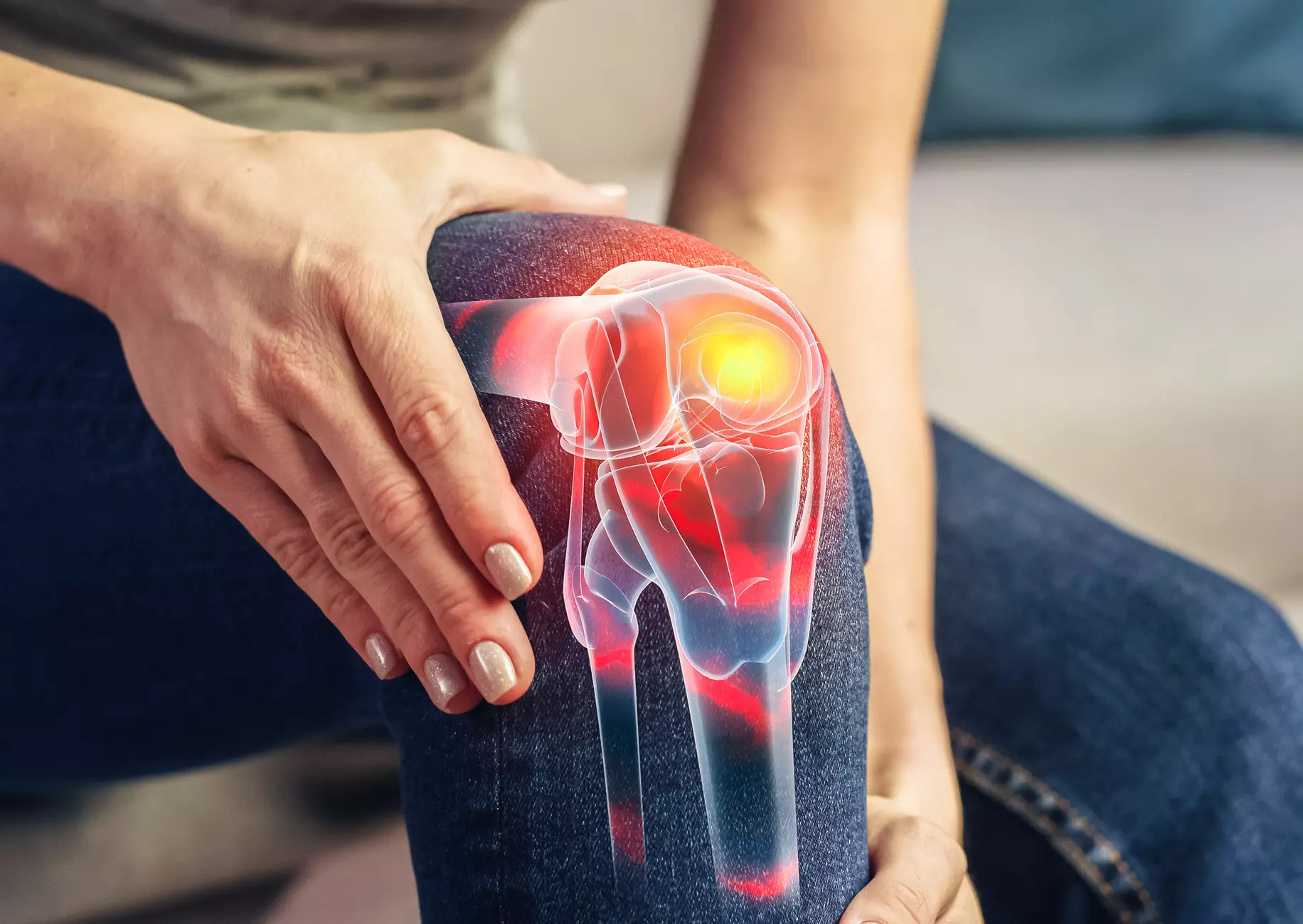 someone sitting and a close-up of their knee in jeans and a super-imposed xray image over their knee showing inflamation