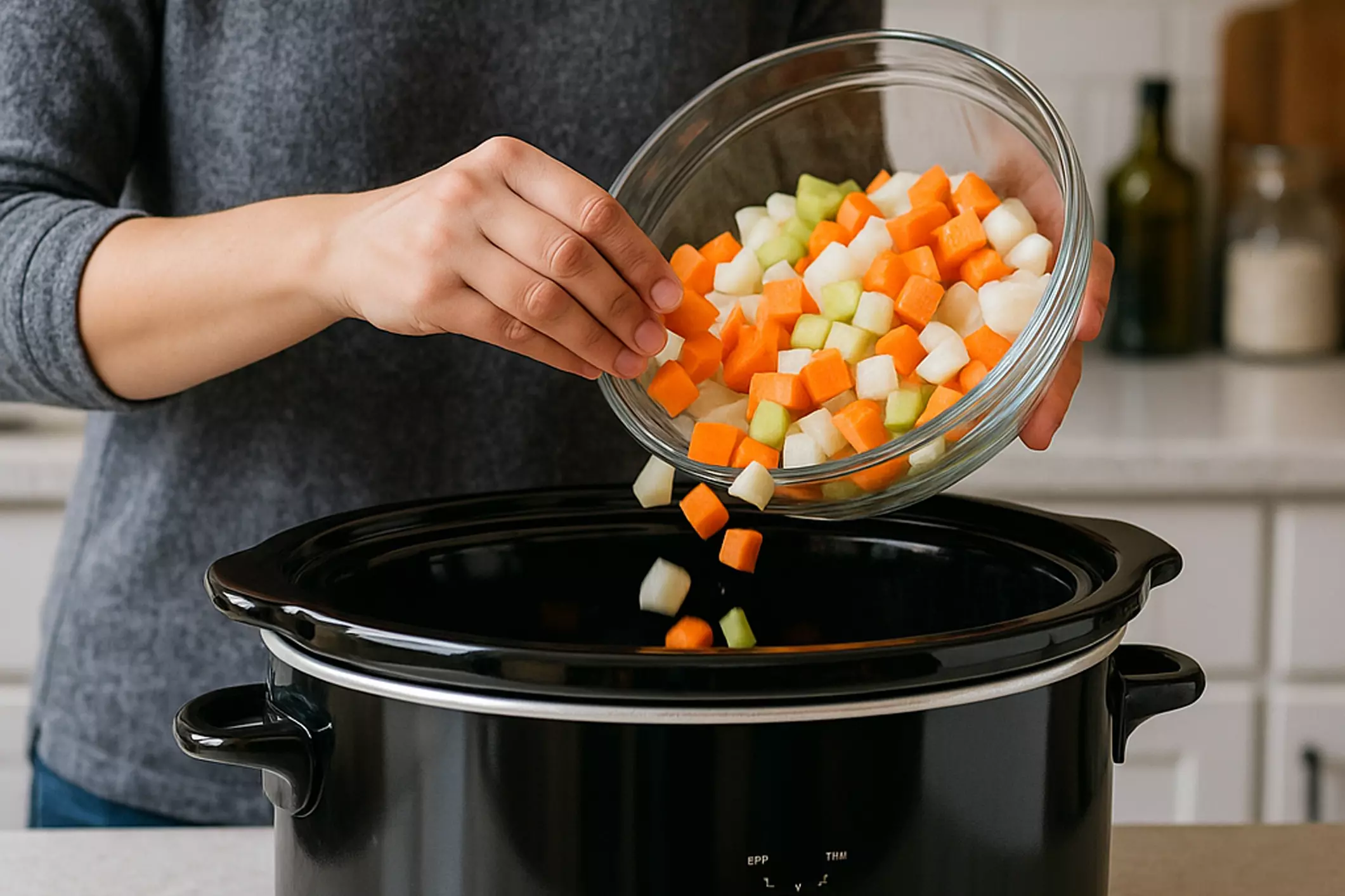 a person dumping carrots, celery, and onion out of a bowl into a Slow Cooker